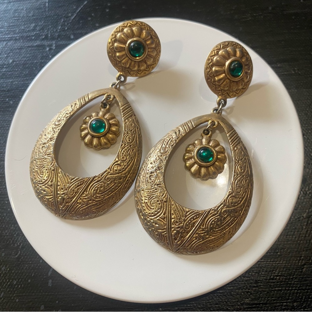 Gold and green, dangle earrings